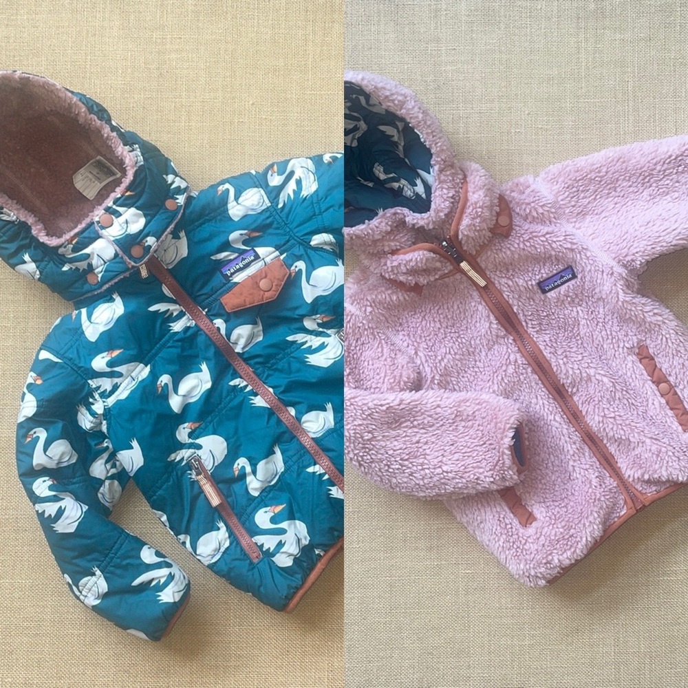 Patagonia Reversible Kids Jacket - Teal Swan Print / Light Pink Sherpa